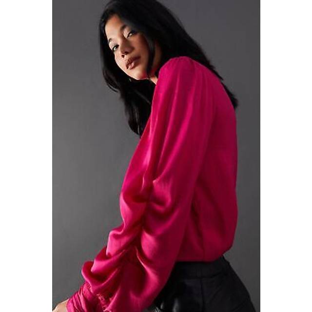 Womens Premium Satin High Neck Pleat Detail Blouse - hot pink - Hot Pink - 6
