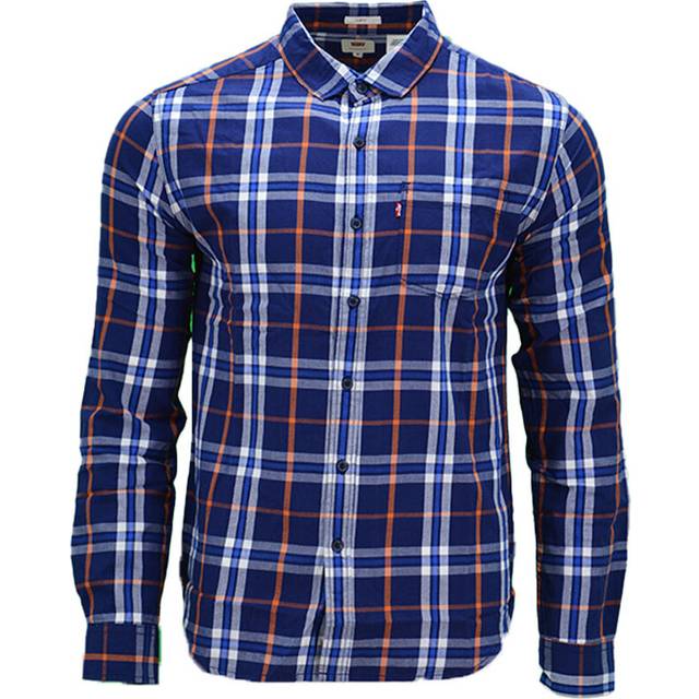 (Navy and Orange Stripe, L) LEVIS Mens Shirts Cotton Long Sleeve Flannel Shirt