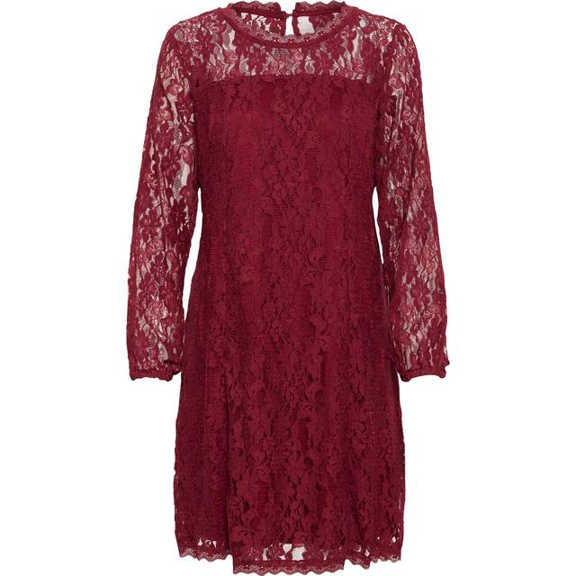 Cream, Short Dresses, female, Red, S, Lace Dress with Puff Sleeves