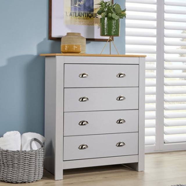 (Grey) Chest of 4 Drawers Bedroom Furniture Oak Top
