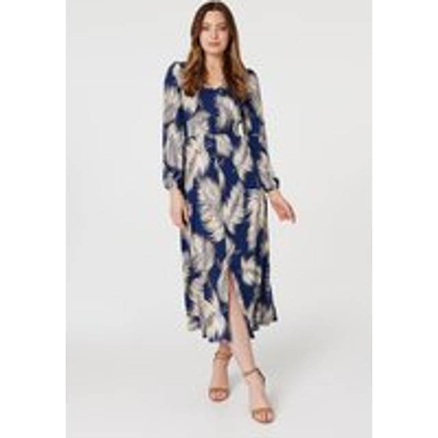 Feather Print Split Front Dress - Blue - 8