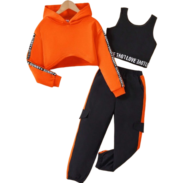 SHEIN Tween Girls Letter Stripe Hoodie, Vest And Cargo Pants Suit