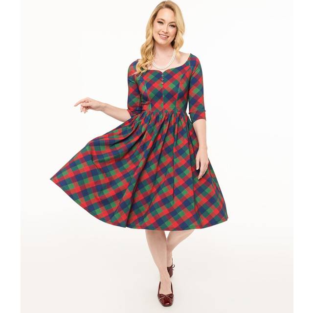 Unique Vintage 1950S Green & Red Plaid Sweetheart Swing Dress - Medium/6-8