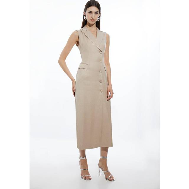 Tailored Linen Wrap Blazer Midi Dress - Brown