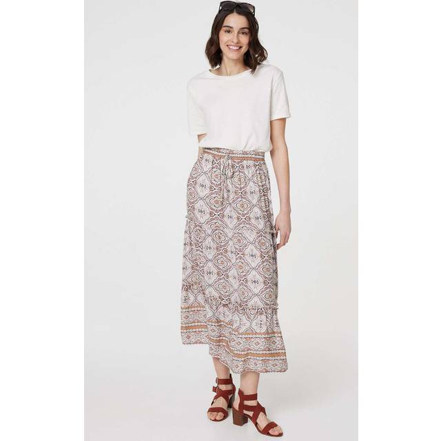 Izabel London Multi Beige Printed Drawstring Waist Maxi Skirt - Beige Multi