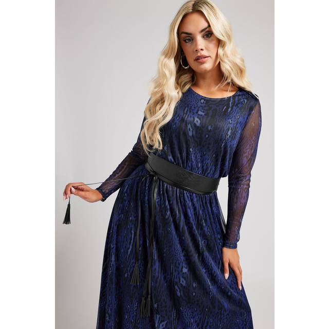 Yours London Curve Blue Animal Print Mesh Maxi Dress With Belt, Women's Curve & Plus Size, Yours London - Black - 24