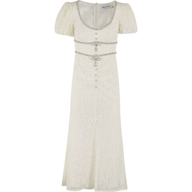 Self-portrait Womens Cream Crystal-embellished Puff-sleeve Lace Midi Dress 10 - CREAM