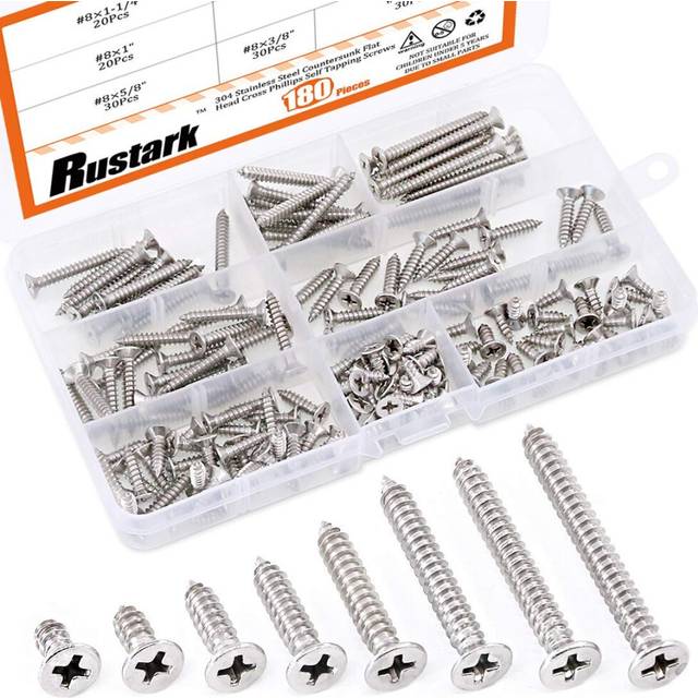Rustark 180Pcs [#8 3/8 to 1-1/2] 304 Stainless Steel Countersunk Flat Head Phillips Cross Wood Screws Drive Self Tapping Drilling Screw Assortment Kit