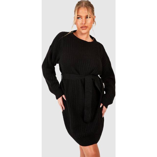 Womens Plus Waffle Knitted Self Belt Jumper Dress - Black - 16-18, Black