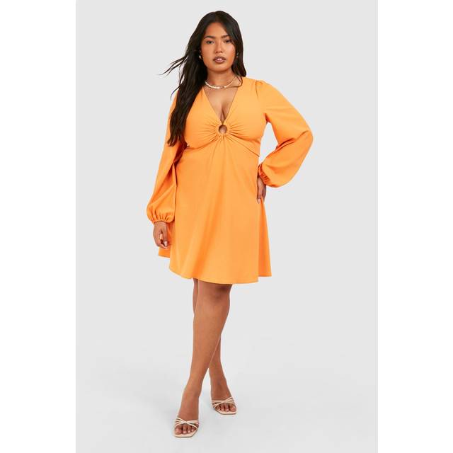 Womens Plus Woven Broderie V Neck Long Sleeve Smock Dress - Orange - 28, Orange