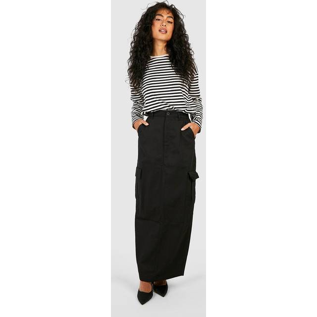 Womens High Waisted Twill Cargo Midaxi Skirt - Black - 8, Black