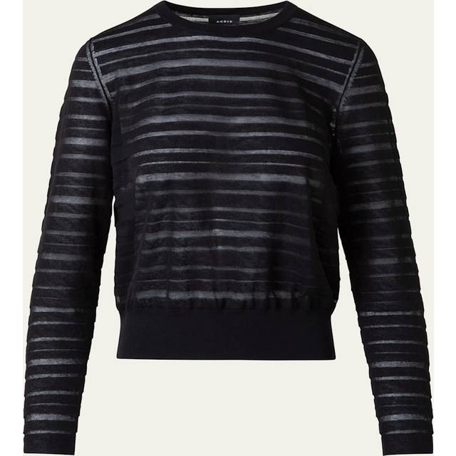 Sheer Stripe Knit Crewneck Sweater - BLACK - 14