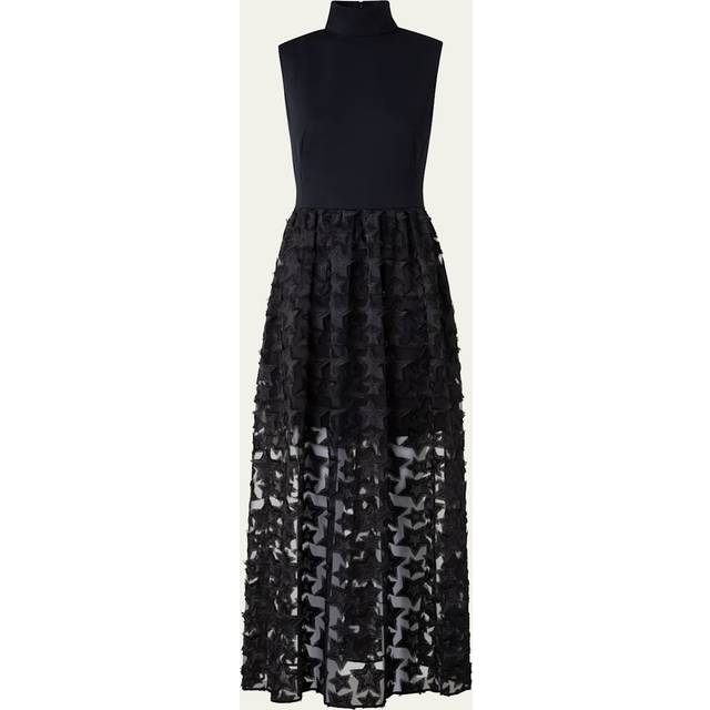 3D Star Embroidered High-Neck Dress - BLACK - 4