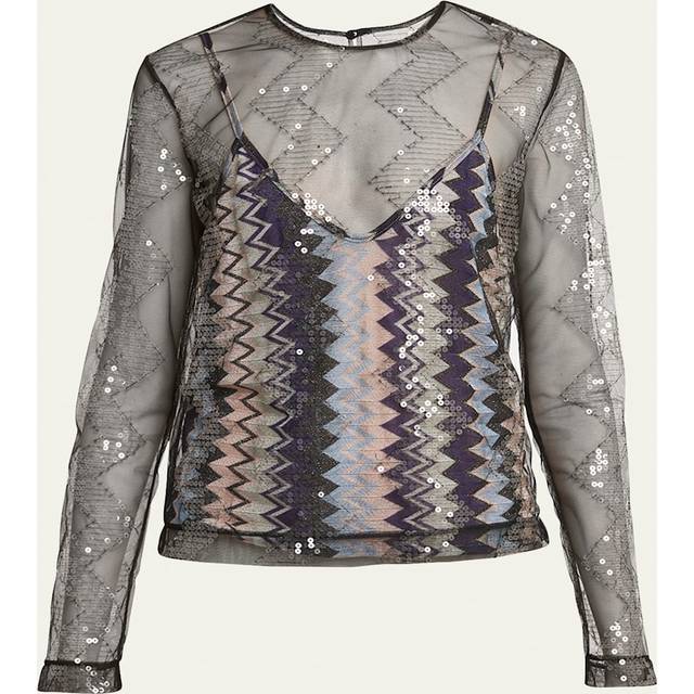 Tulle Sequined Chevron Double-Layer Top - MULTICOLOR BLA - 40 IT (4 US)