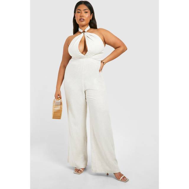 Womens Plus Linen Look Halterneck Jumpsuit - Beige - 22, Beige