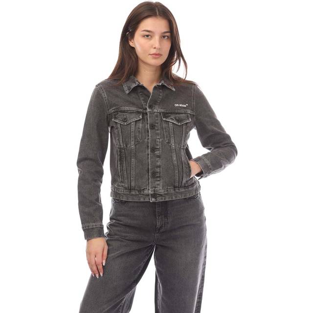 Women's Off-White Diag Design Regular Fit Dark Grey Denim Jacket - Black - Size: 6