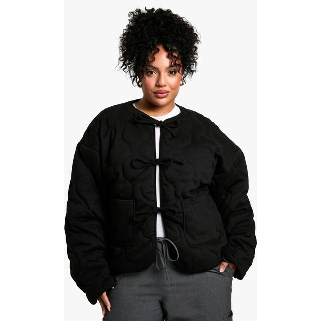 Womens Plus Tie Detail Padded Jacket - Black - 16, Black