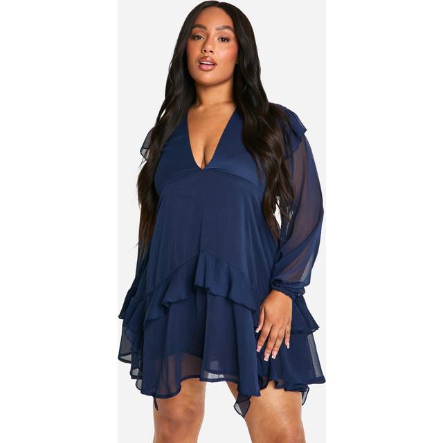 Womens Plus Crinkle Chiffon Ruffle Smock Dress - Navy - 16