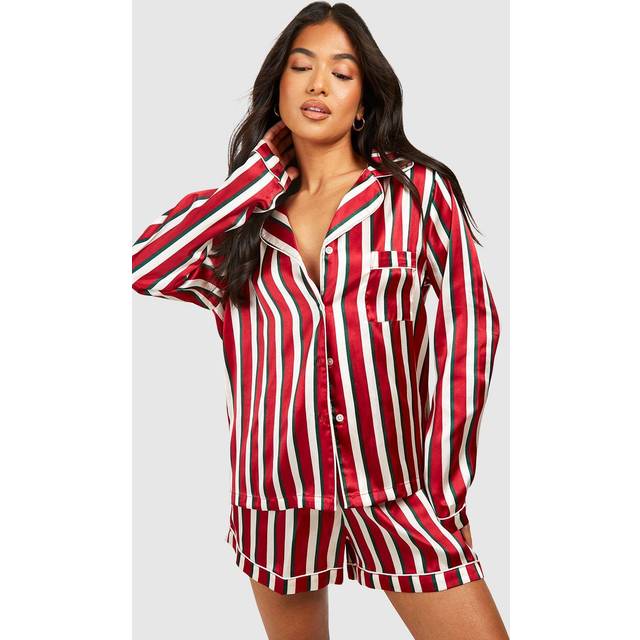 Womens Petite Long Sleeve Satin Stripe Pajama Short Set - Red - 12