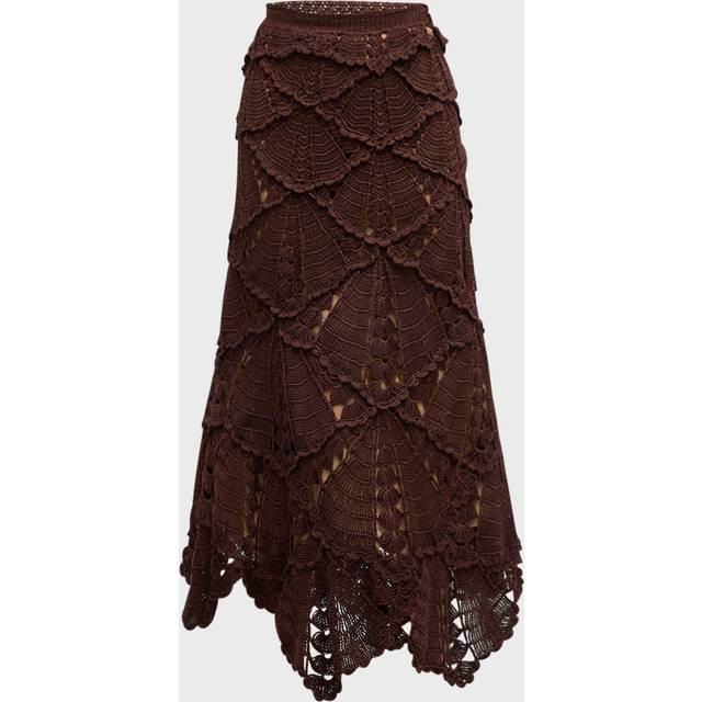 Shell Crochet Knit Flared Midi Skirt - DARK BROWN - Large