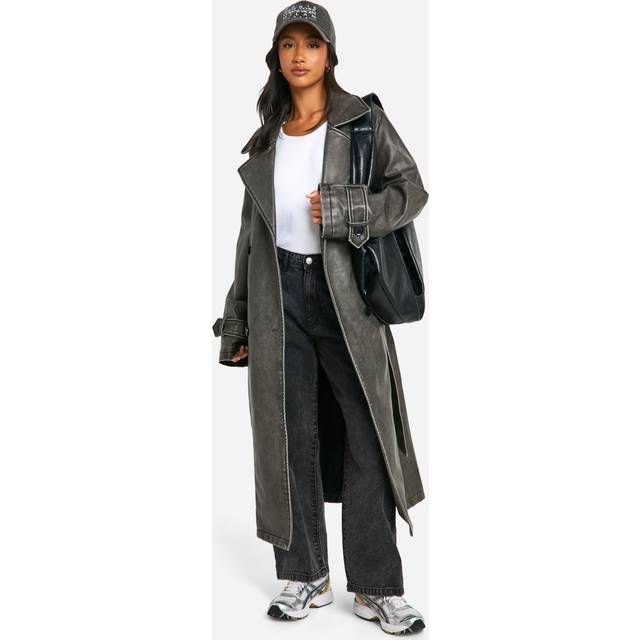 Womens Petite Belted Wool Look Trench - Black - 8