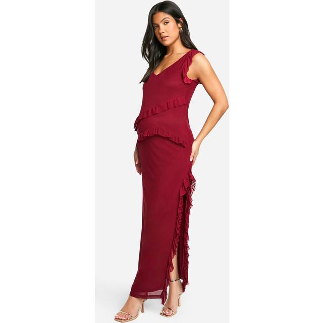 Womens Maternity Mesh Ruffle Detail Side Split Midaxi Dress - Red - 18