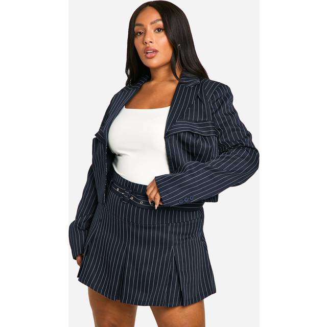 Womens Plus Pinstripe Belted Tailored Mini Skirt - Navy - 20