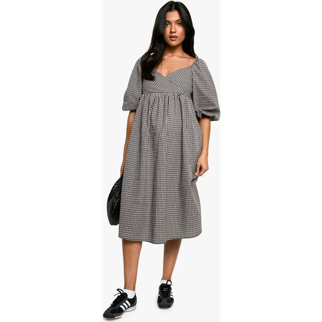 Womens Maternity Woven Check Puff Sleeve Smock Midi Dress - Black - 8