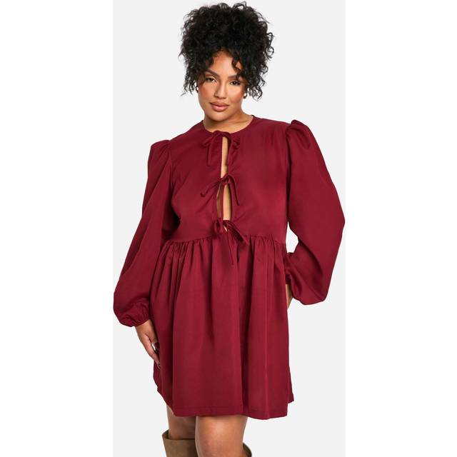 Womens Plus Tie Front Long Sleeve Smock Dress - Red - 18, Red