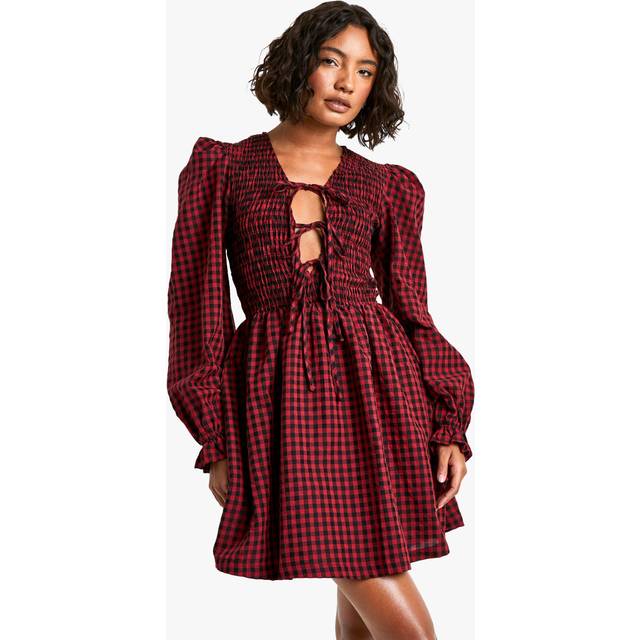 Womens Tall Check Volume Sleeve Tie Front Mini Skater Dress - Red - 10, Red