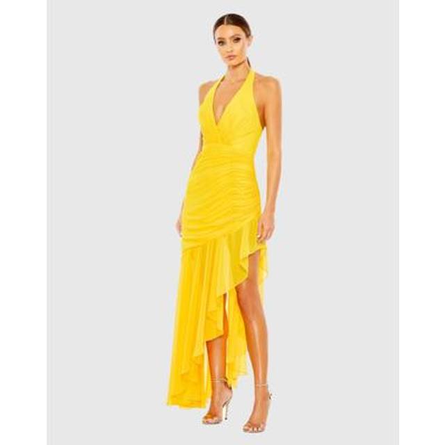 Mac Duggal Asymmetrical Ruffle Hem Halter Strap Gown
