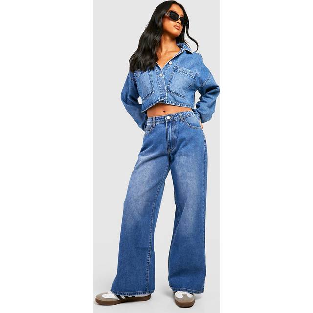 boohoo Women's Petite High Waist Wide Leg Jeans in Mid Blue | Size: 8