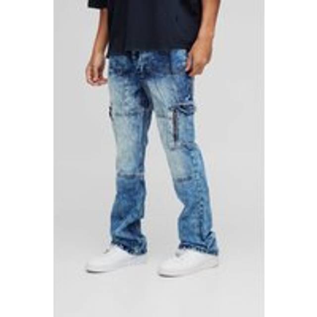 Slim Flared Acid Wash Panel Cargo Jeans - Blue - 32R