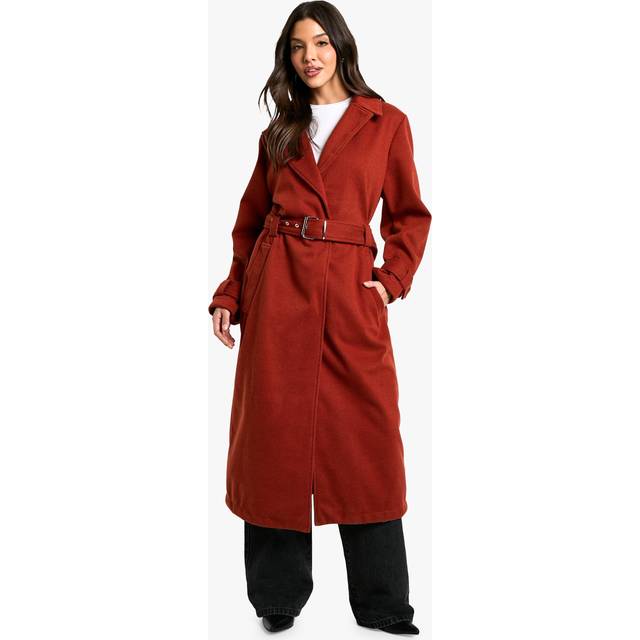 Womens Belted Wool Look Maxi Coat - Orange - 12, Orange