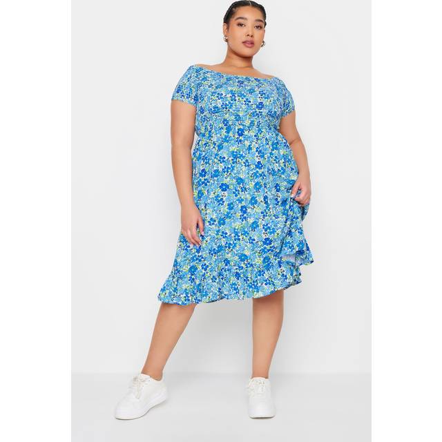 Yours Curve Blue Shirred Bardot Midi Dress, Women's Curve & Plus Size, Yours - 22-24