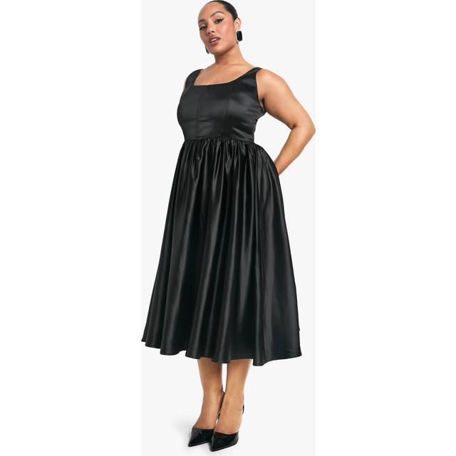 Womens Plus Satin Bodice Midaxi Skater Dress - Black - 16