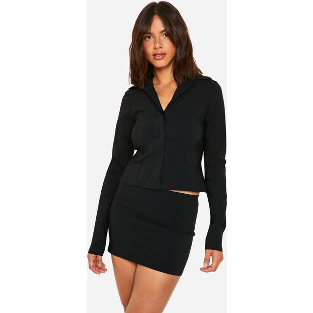 Womens Super Stretch Fitted Shirt & Micro Mini Skirt - Black - 16