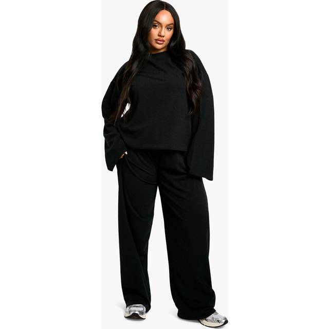 Womens Plus Long Sleeve & Wide Leg Trouser Co Ord - Black - 26, Black
