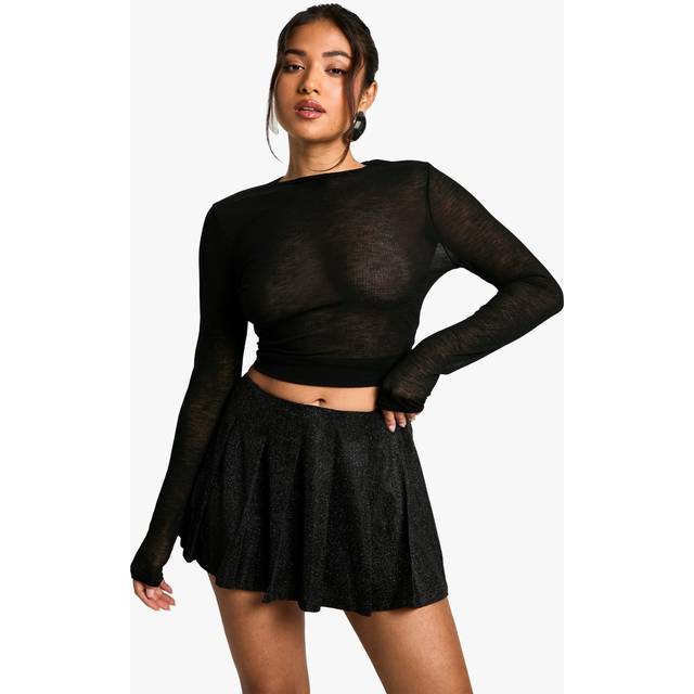 Womens Petite Glitter Pleated Micro Mini Skirt - Black - 6, Black