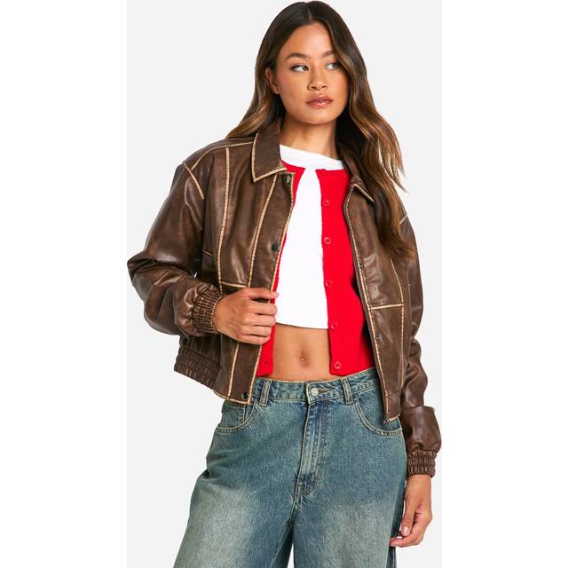 Womens Tall Vintage Look Faux Leather Jacket - Brown - 12