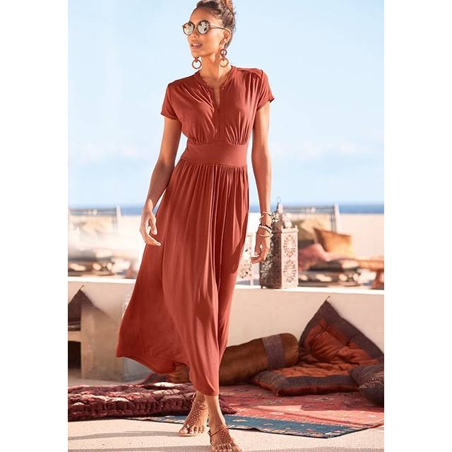 LASCANA Zip Front Short Sleeve Midi Dress - Terracotta