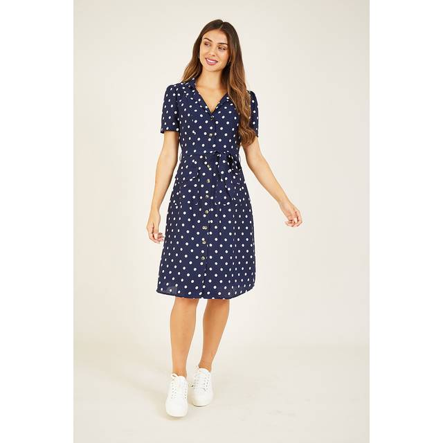 Yumi Women's Navy Spot Puff Sleeve Mini Shirt Dress New Look - UK 14