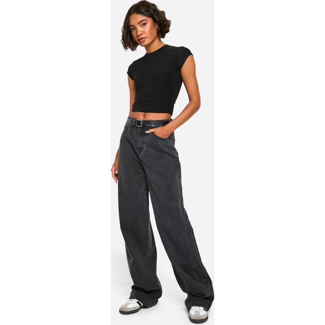 Boohoo Tall Basics High Waisted Wide Leg Jeans In Washed Black - washed black - 18/36L