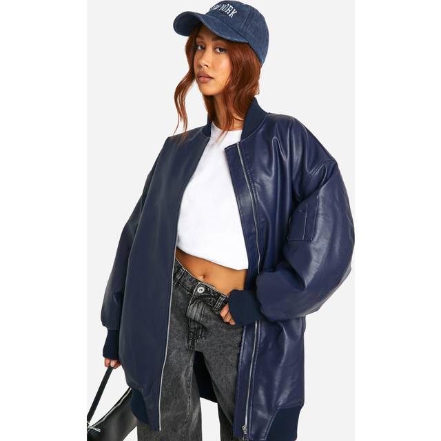 Womens Longline Oversized Bomber Jacket - Navy - 14, Navy