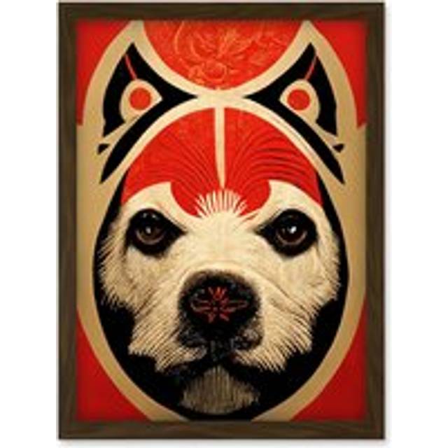 Abstract Mixed Media Dog Design Red Black Artwork Framed Wall Art Print A4 - Brown - One Size