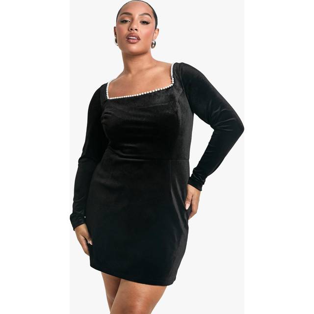 Womens Plus Pearl Square Neck Skater Dress - Black - 18, Black