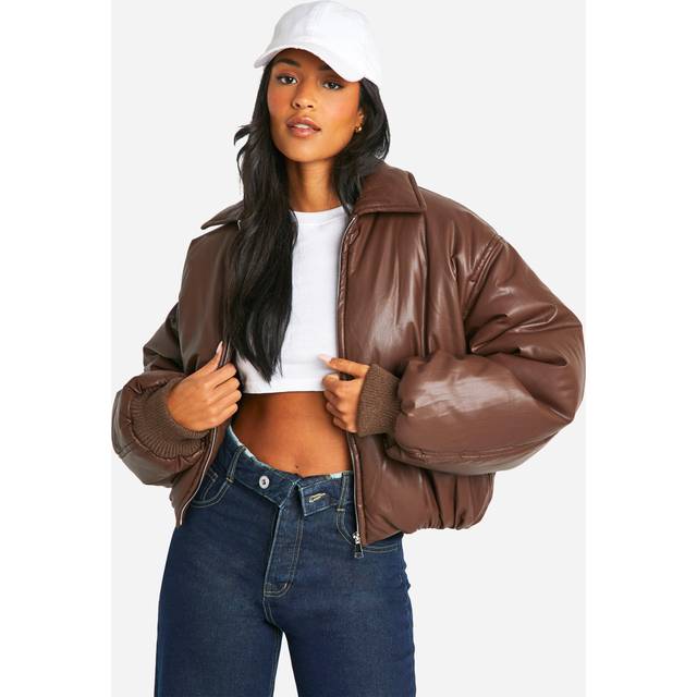 Womens Tall Padded Faux Leather Bomber Jacket - Brown - 16, Brown