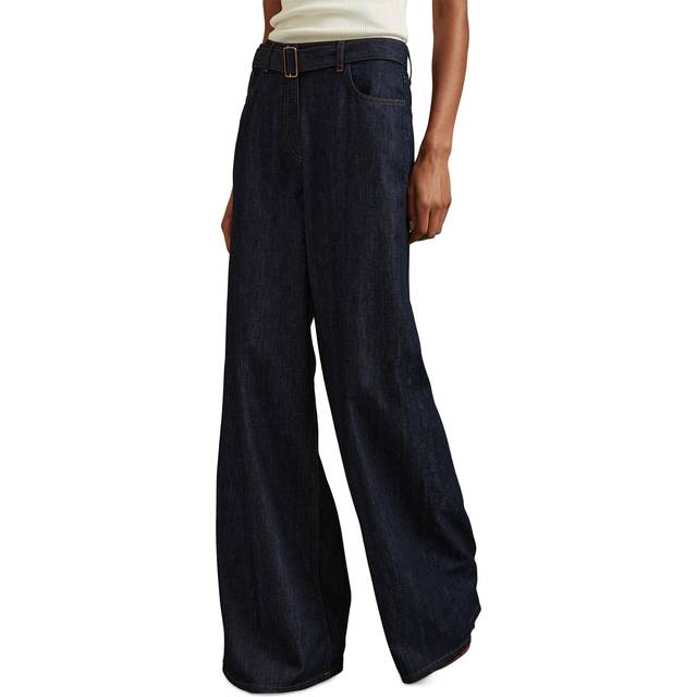 Reiss Womens Dark Blue Luca Belted-waist Wide-leg High-rise Jeans 26r - DARK BLUE