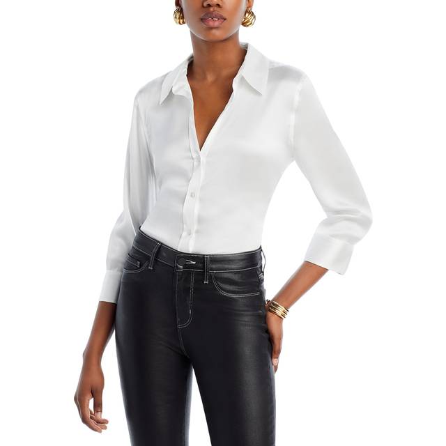 Dani Silk Satin 3/4-Sleeve Button-Down Blouse - IVORY - Large
