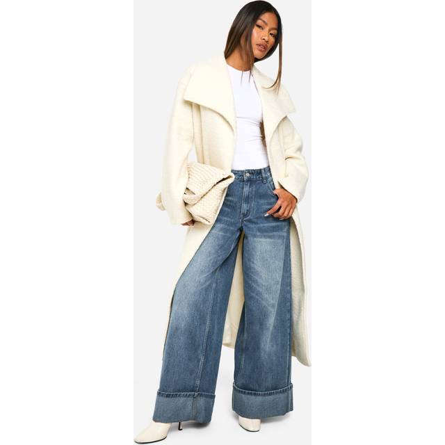 Womens Brushed Shawl Collar Belted Coat - White - 12